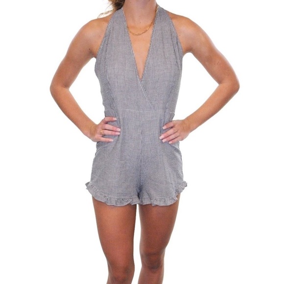Etiquette | NWT Checkered Black White Open Back Halter Style Romper Shorts NWT S - Picture 1 of 8